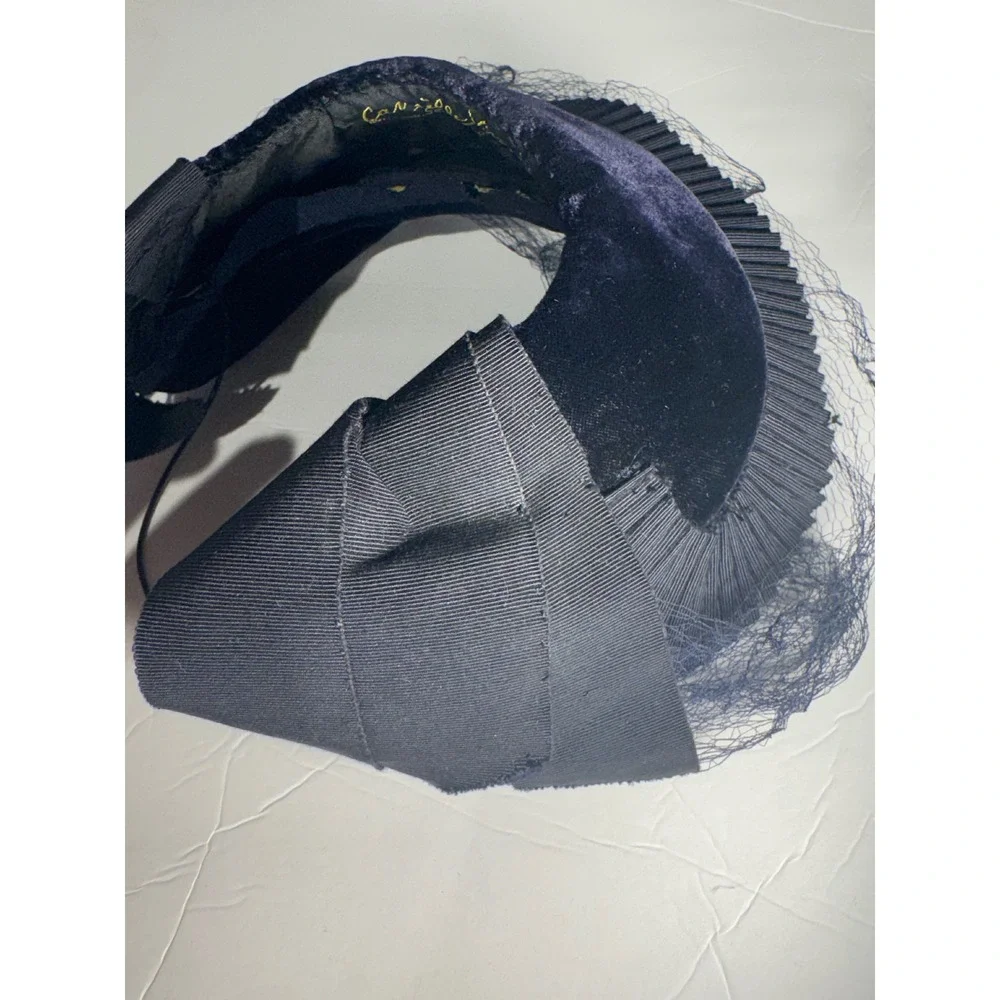 Vintage Camille Vinci Paris Navy Velvet Pillbox Hat Birdcage Veil France Bow